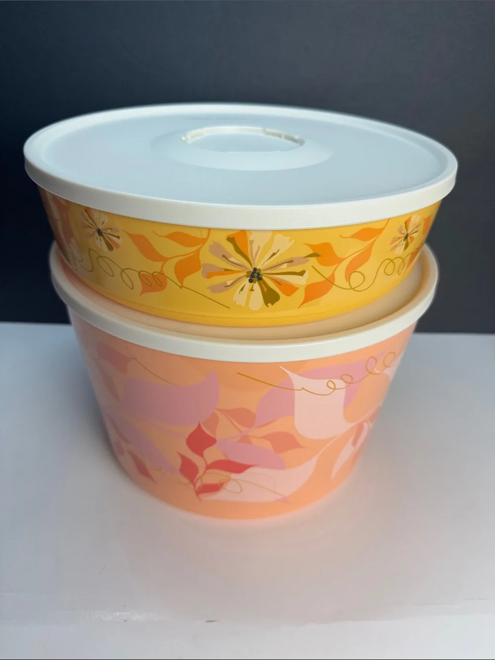 Tupperware Click Stack Illumina Floral Bowl Set White Seals 28 cup & 10.5 cup